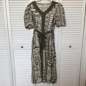 Olive Green and White Patterned Short Sleeve Cinch Waist Dress